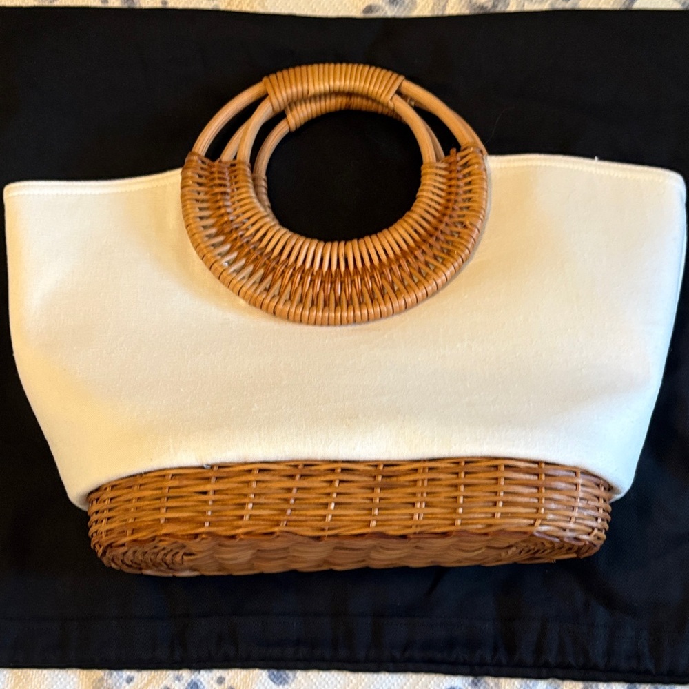 Canvas and Wicker Tote Bag in Cream and Tan